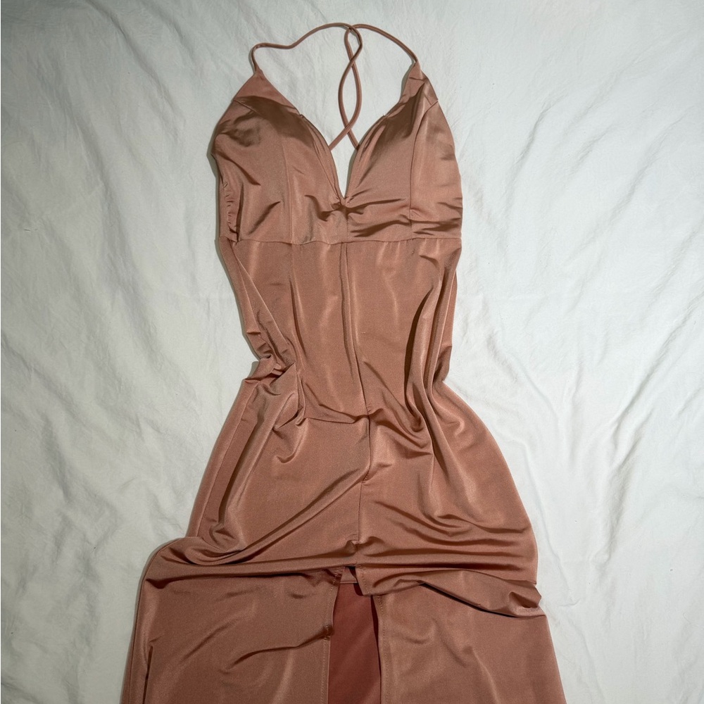 Satin Strappy V-Neck Maxi Dress in Dusty Rose